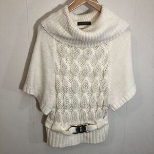 Suzy Shier Short Sleeved Knit Sweater Built in Belt Cream Medium